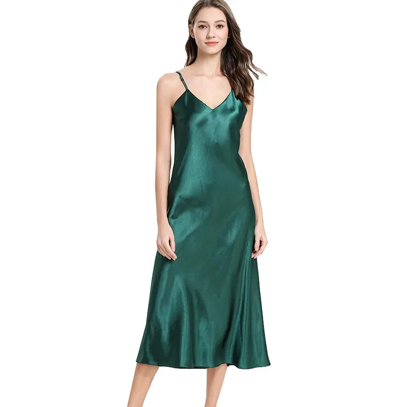 Long Slip Sleep Dress Silk V Neck Sleepwear Solid Color Nightwear