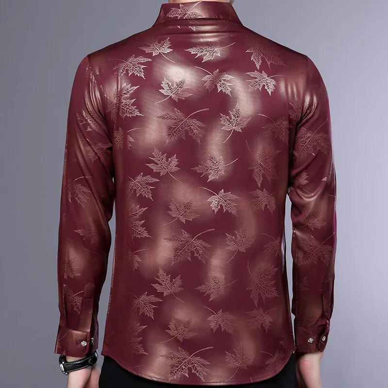 Men's Vintage Fashion Square Collar Maple Leaf Printed Long Sleeve Shirt