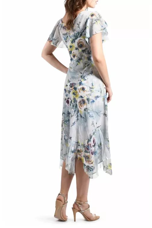 Misty Jade Floral Chiffon & Charmeuse A-Line Dress