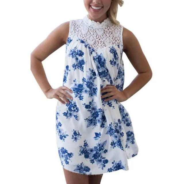 New Fashion   Dress Women's Elegant Lace Boho Sleeveless Floral Blue White Printed Casual Loose Beach Mini Dress #23 SM6