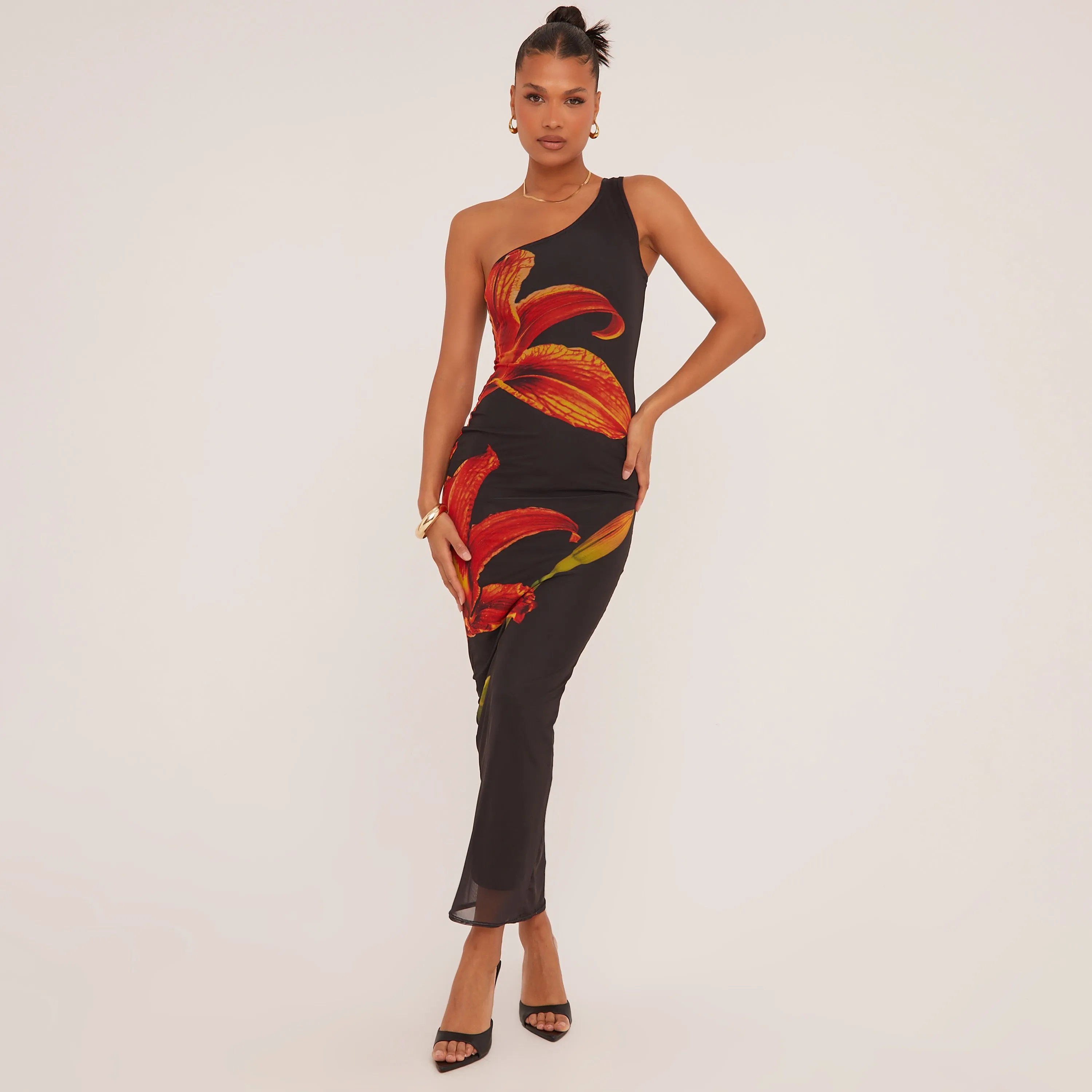 One Shoulder Red Flower Print Maxi Dress In Black Mesh