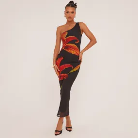 One Shoulder Red Flower Print Maxi Dress In Black Mesh