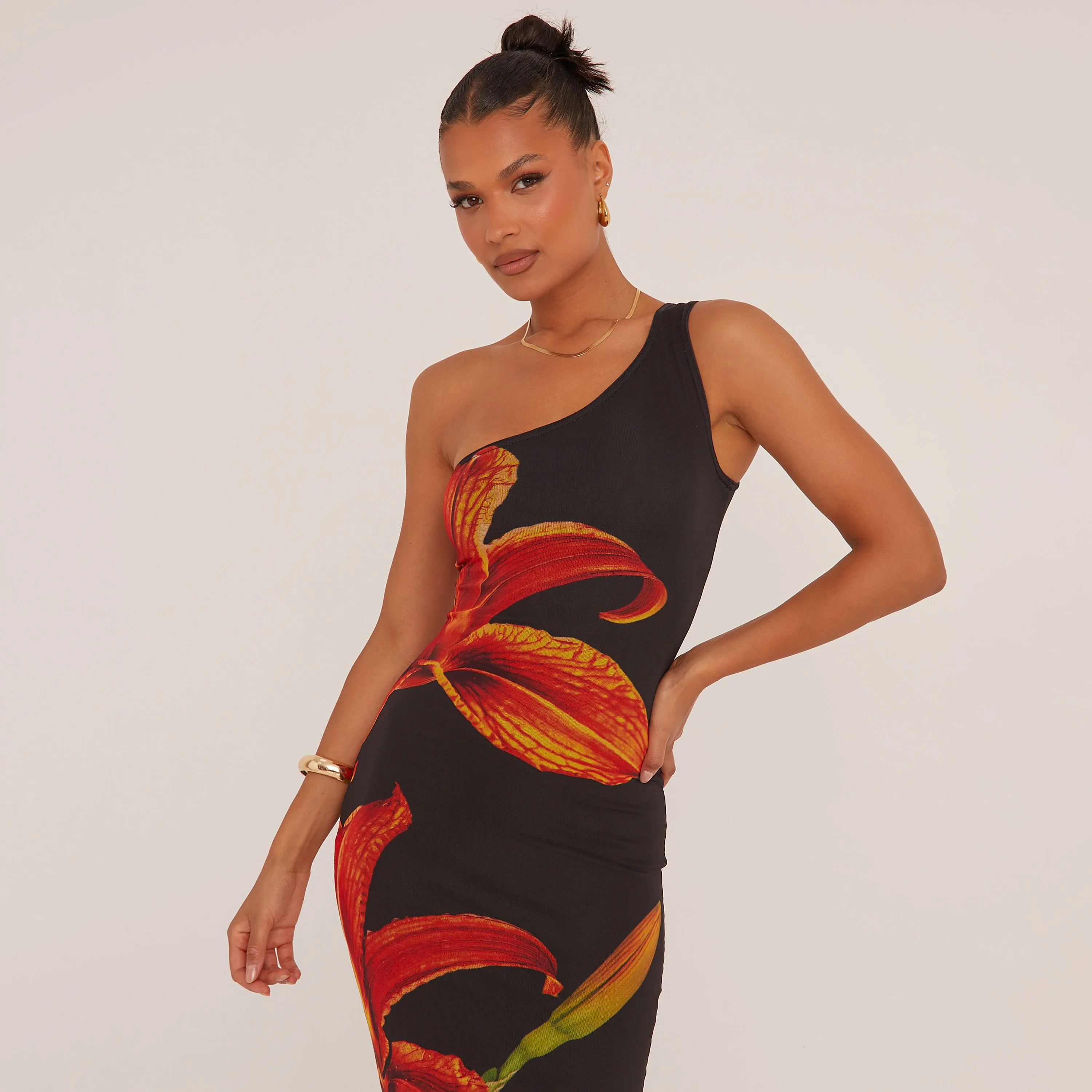 One Shoulder Red Flower Print Maxi Dress In Black Mesh