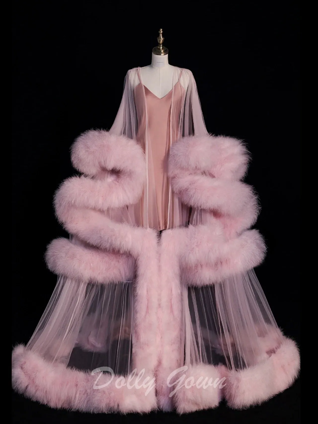 Pink Long Marabou Fur Edge Robe with Slip Dress