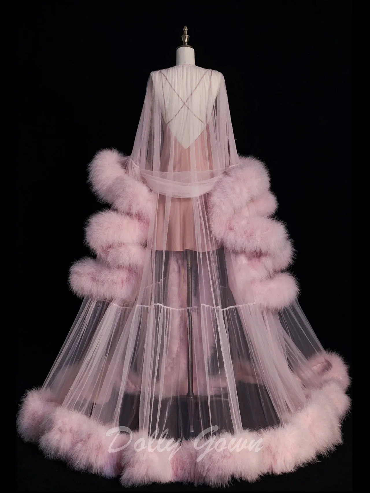 Pink Long Marabou Fur Edge Robe with Slip Dress