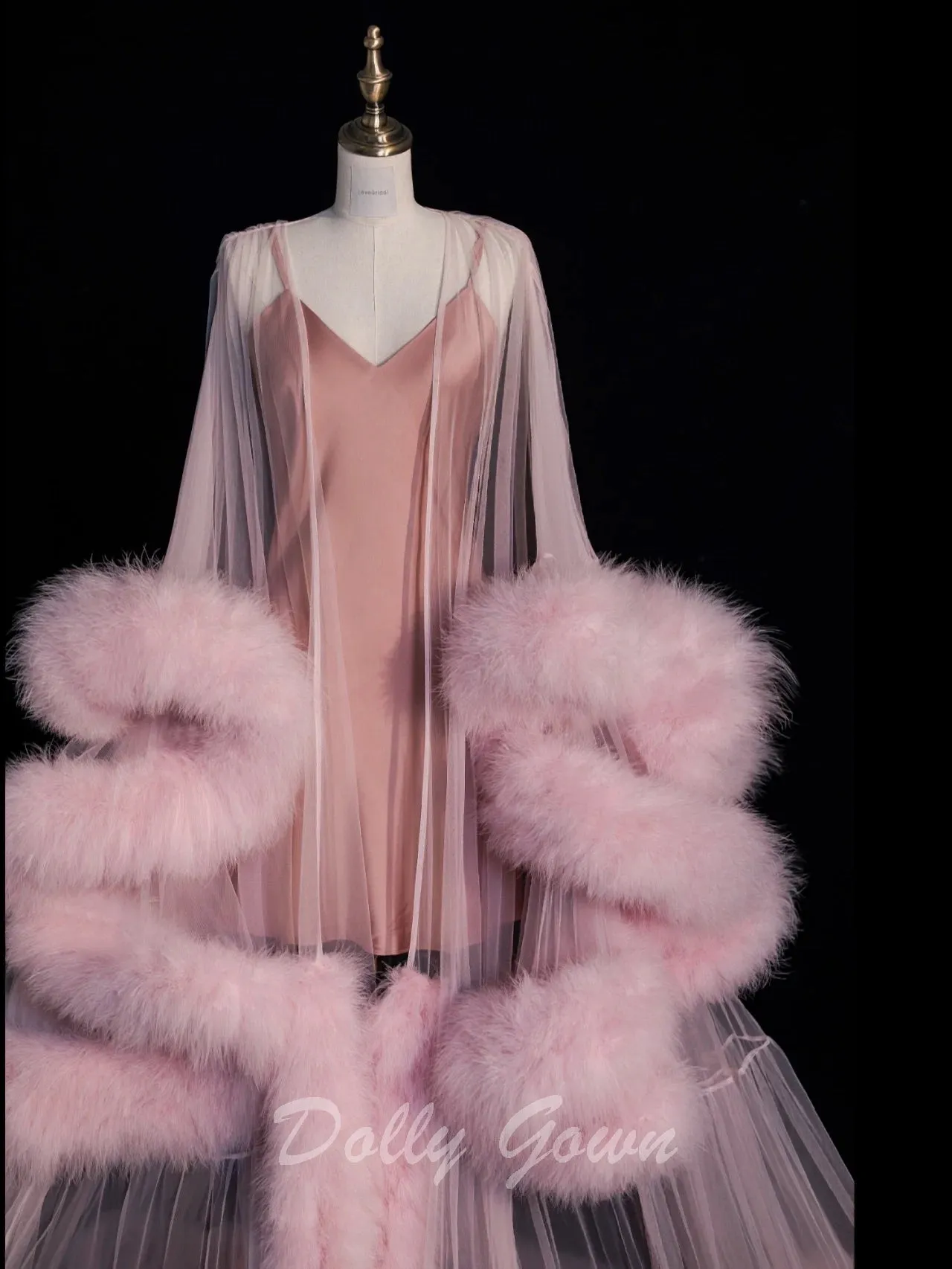 Pink Long Marabou Fur Edge Robe with Slip Dress