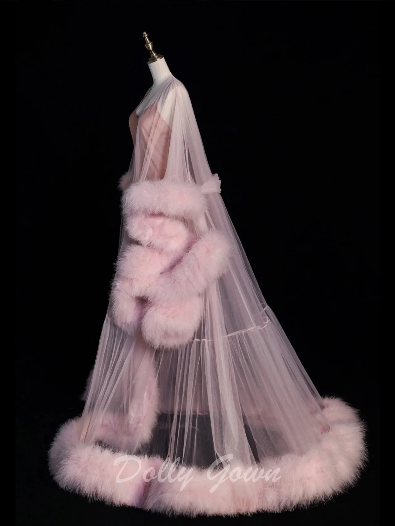 Pink Long Marabou Fur Edge Robe with Slip Dress