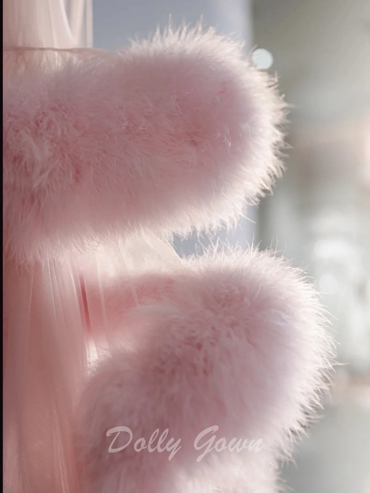 Pink Long Marabou Fur Edge Robe with Slip Dress