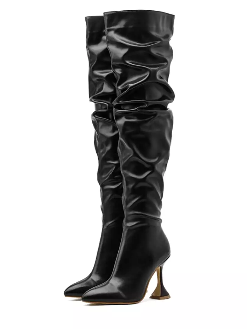 Pleated Leather Over The Knee Boots Sexy Pointed Toe