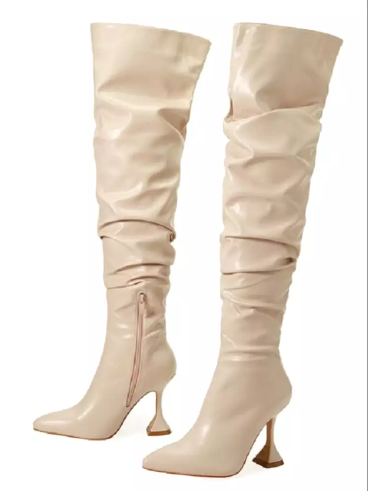 Pleated Leather Over The Knee Boots Sexy Pointed Toe