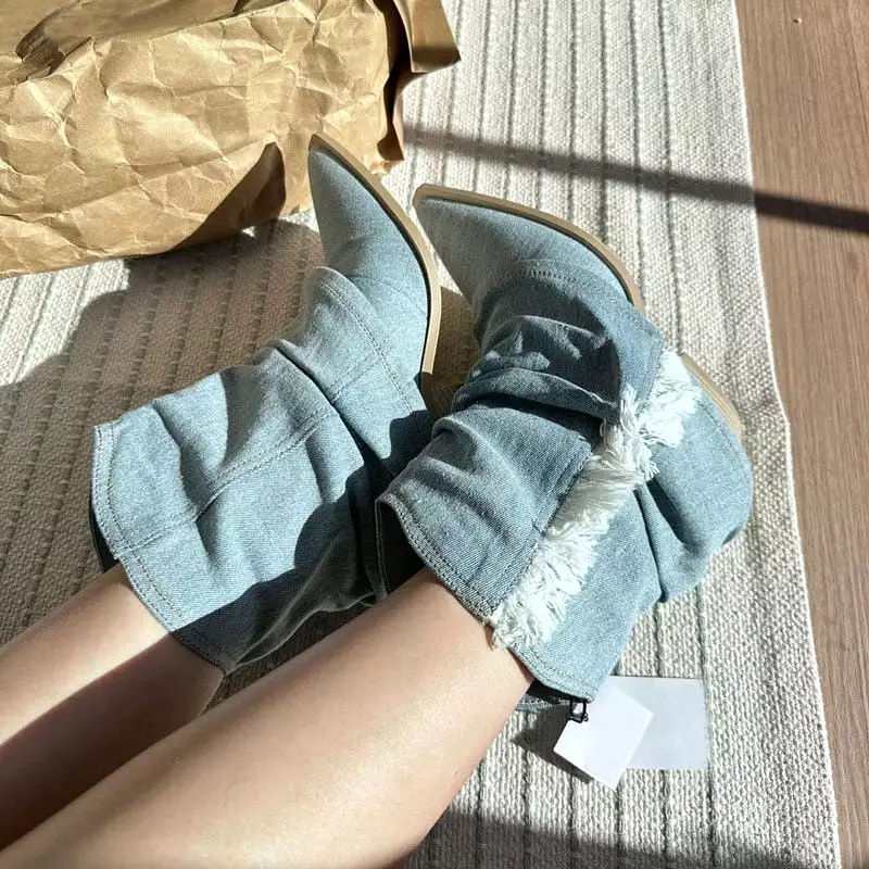 Pleats Blue Denim Thigh High Boots for Women 2023 Autumn Thick Heeled Pointed Toe Cowboy Boots Woman Slip On Western Long Boots