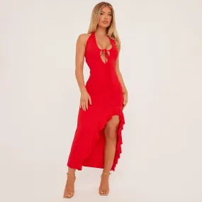 Plunge Tie Front Frill Side Split Maxi Dress In Red Slinky