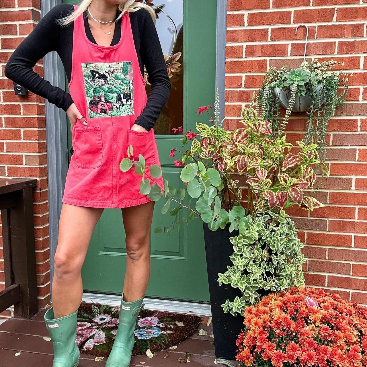 Quilted Cow & Farm Pink-Red Denim Jumper Dress