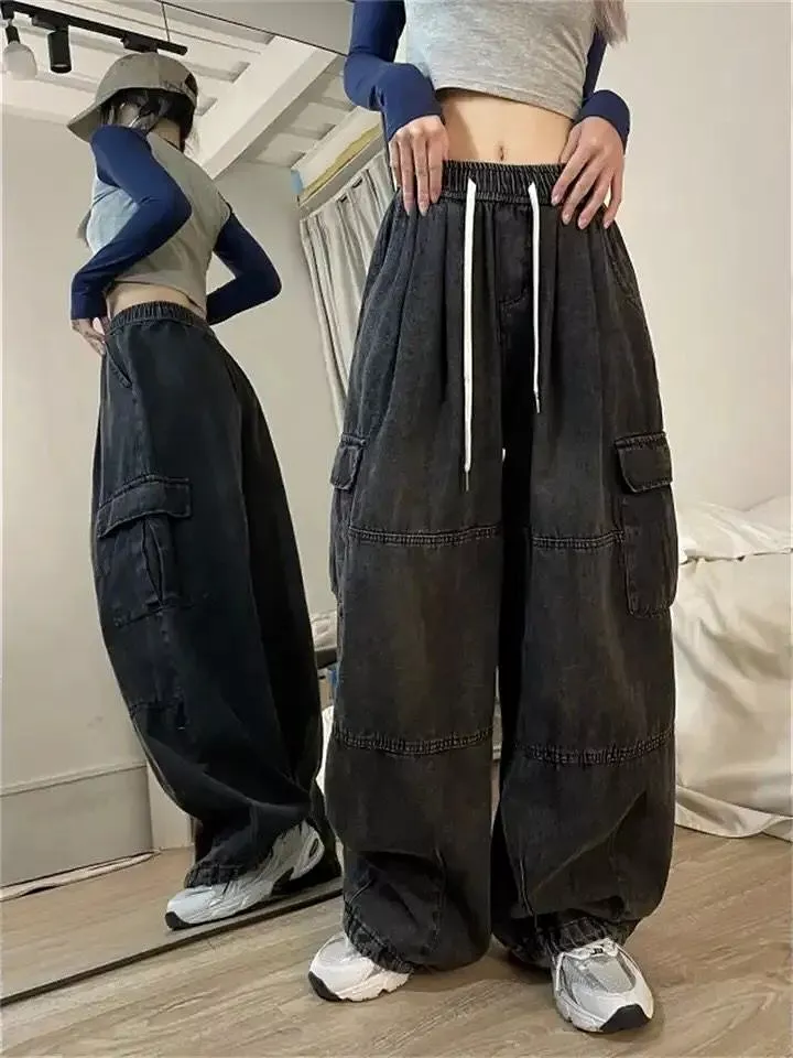 QWEEK Harajuku Vintage  Cargo Jeans Women Oversized Y2K Grunge Black Baggy Denim Pants Hip Hop Streetwear Wide Leg Trousers S472