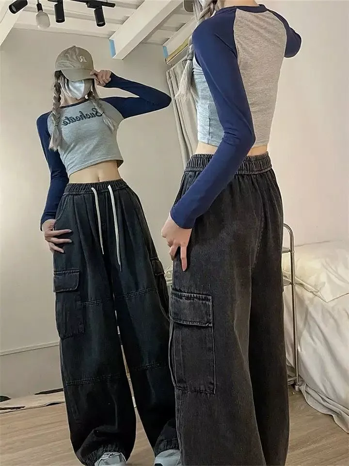 QWEEK Harajuku Vintage  Cargo Jeans Women Oversized Y2K Grunge Black Baggy Denim Pants Hip Hop Streetwear Wide Leg Trousers S472