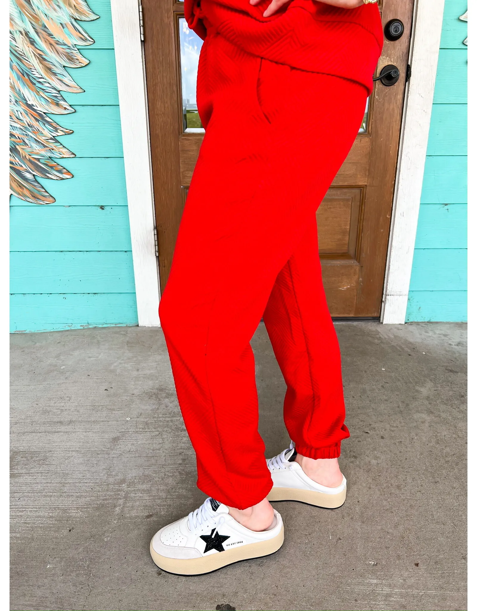 Red Textured Jogger Pants