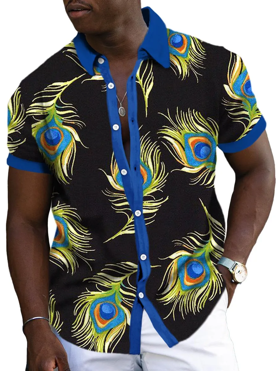 Retro Peacock Feather Print Casual Short Sleeve Shirt