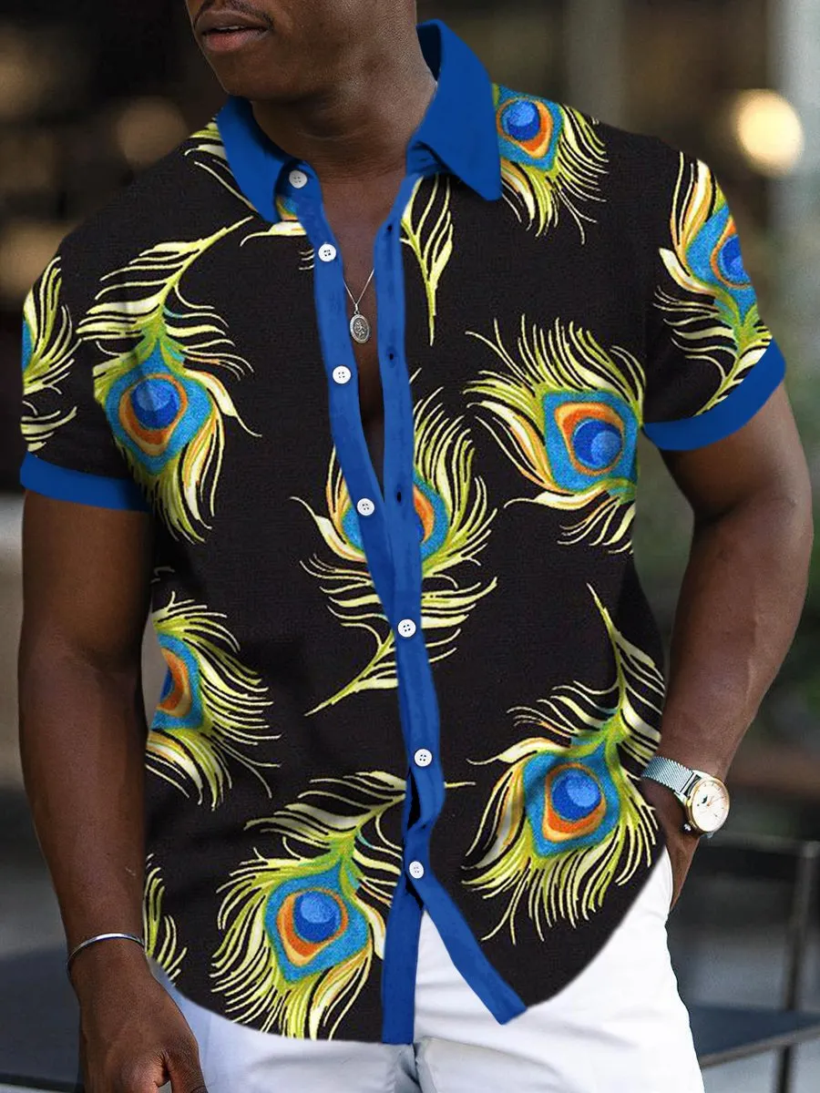 Retro Peacock Feather Print Casual Short Sleeve Shirt