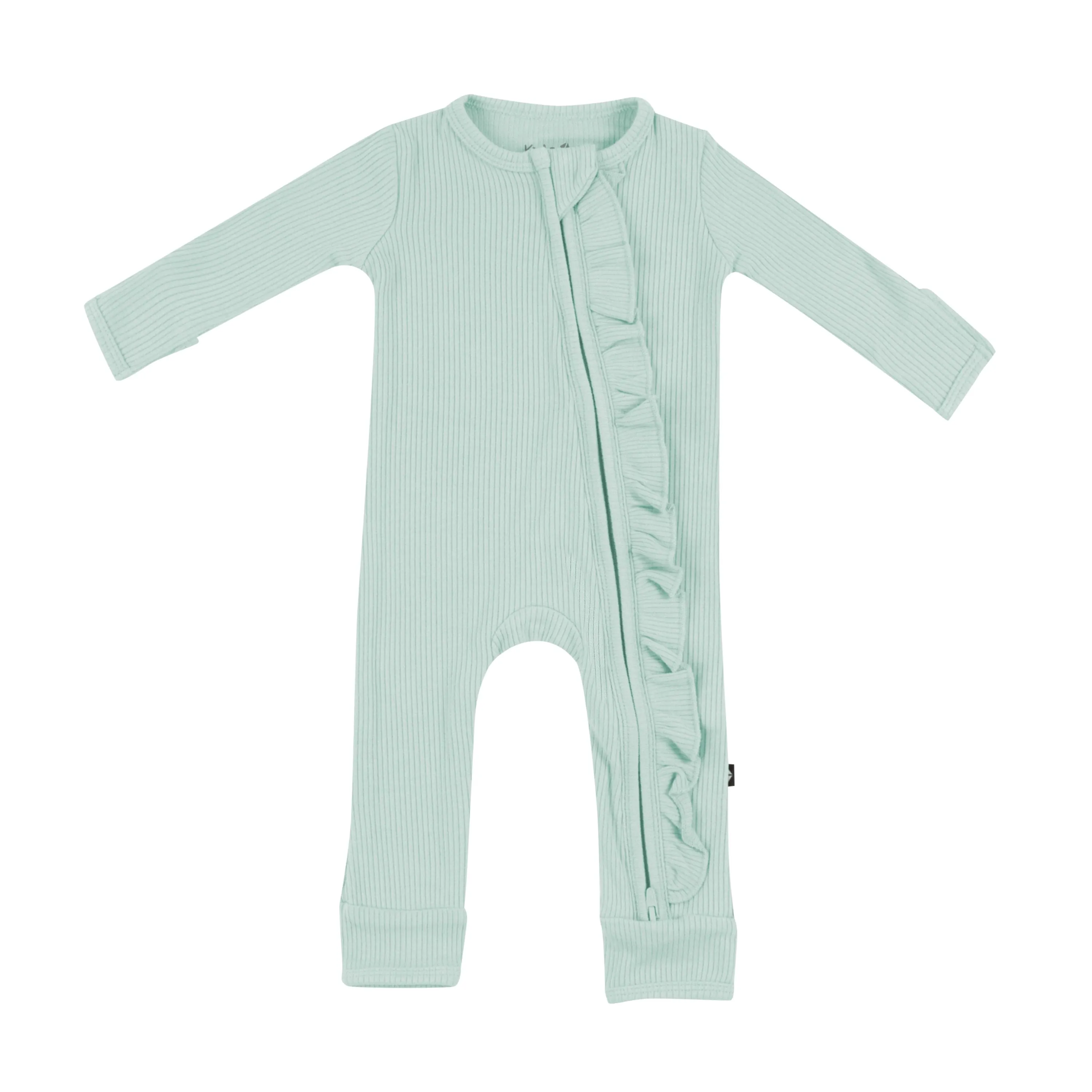 Ribbed Ruffle Zipper Romper in Sage