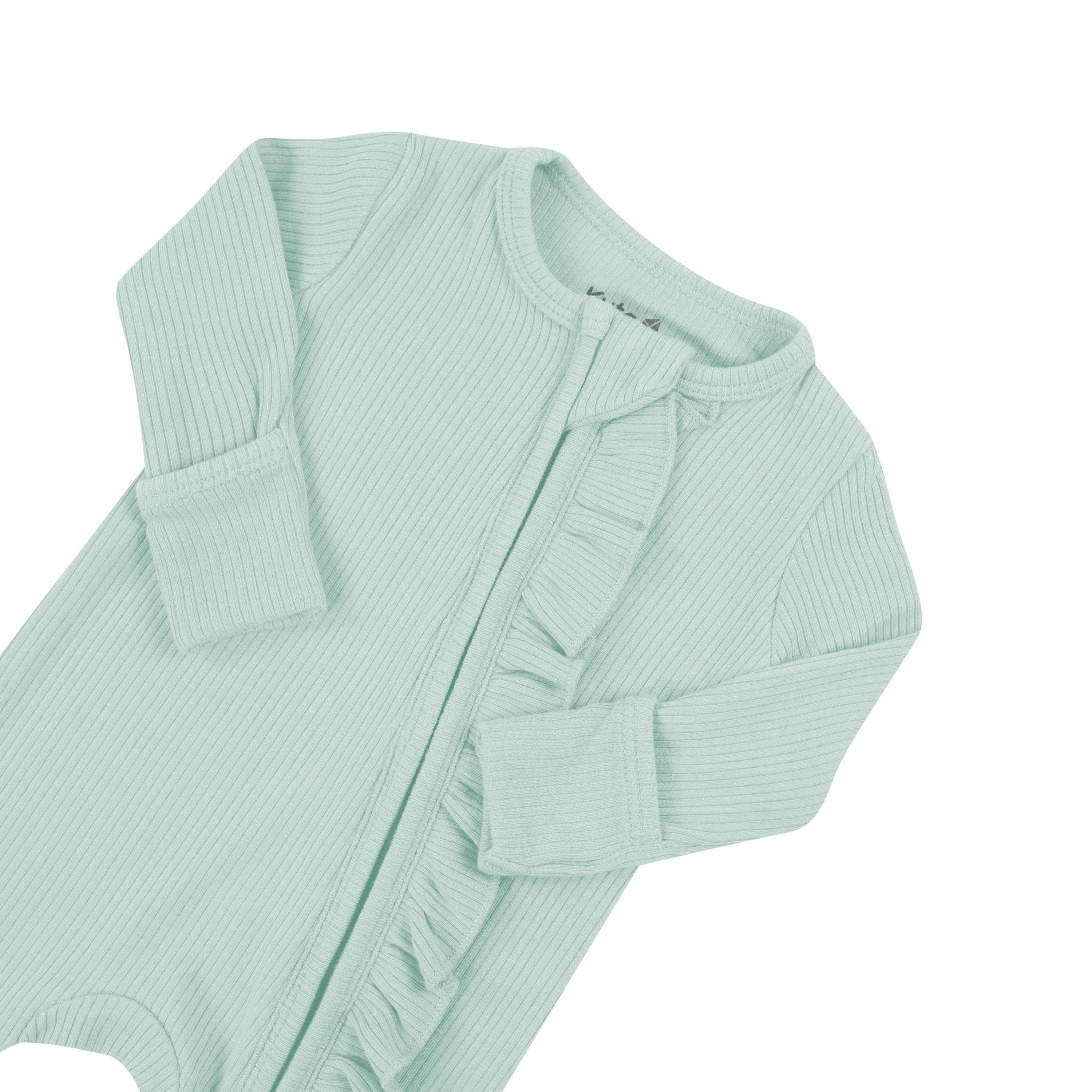 Ribbed Ruffle Zipper Romper in Sage