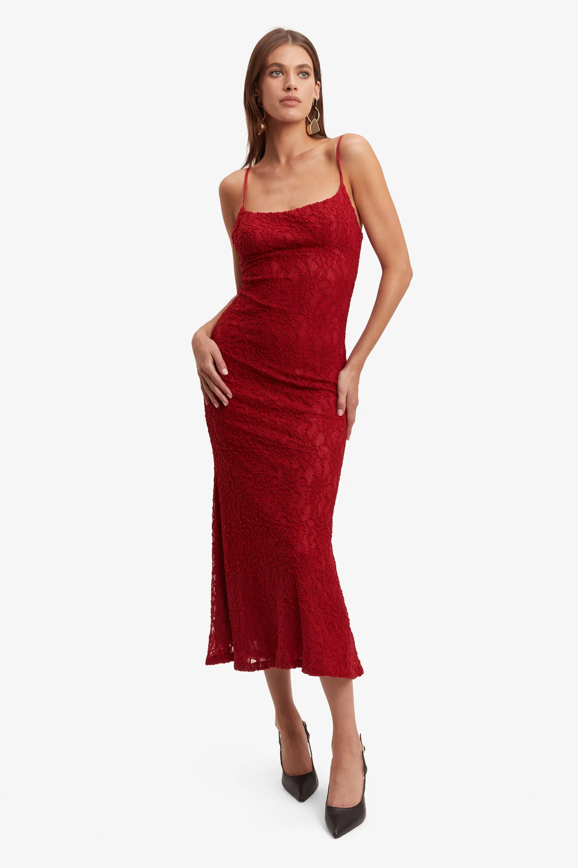 ruby lace midi dress in red