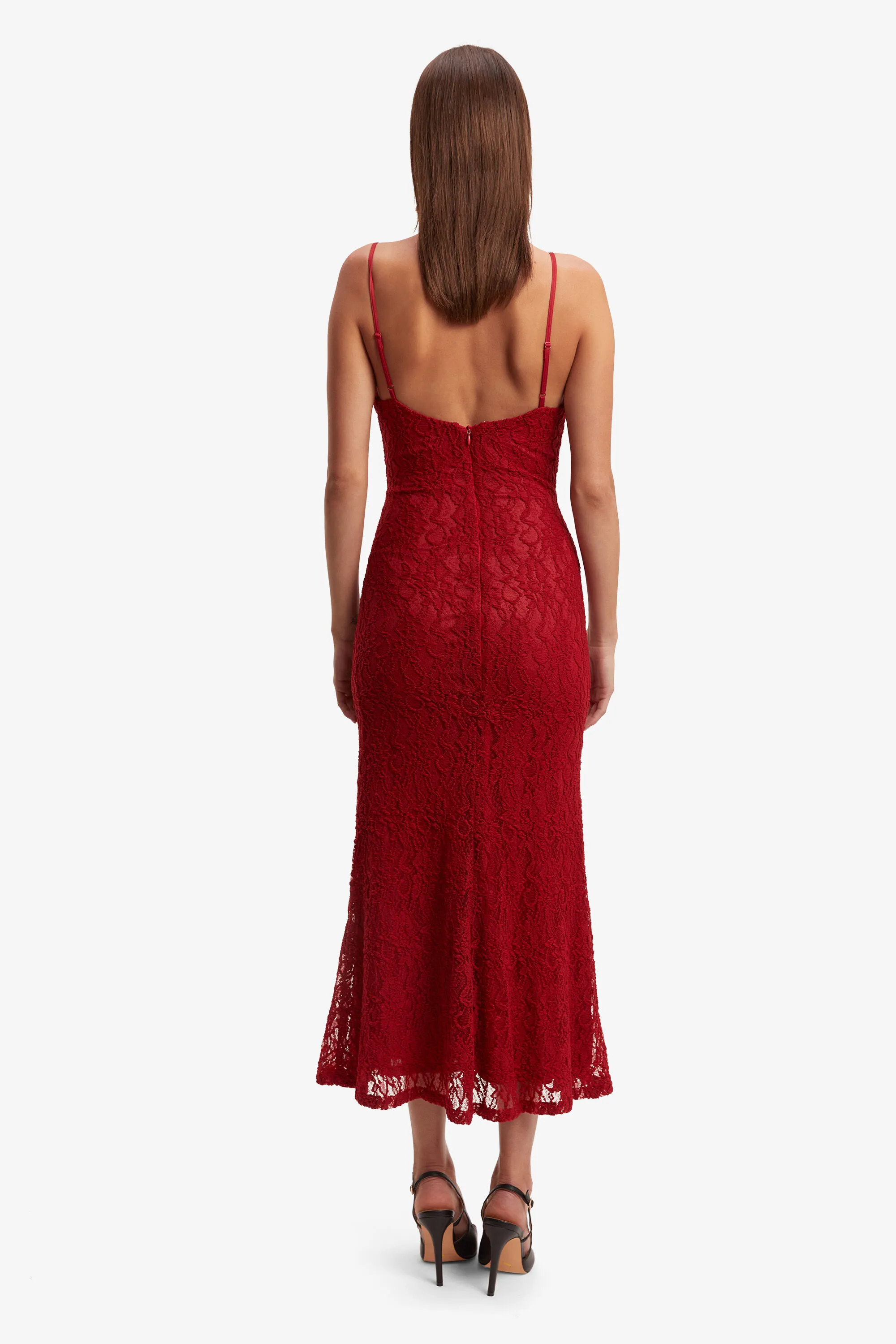 ruby lace midi dress in red