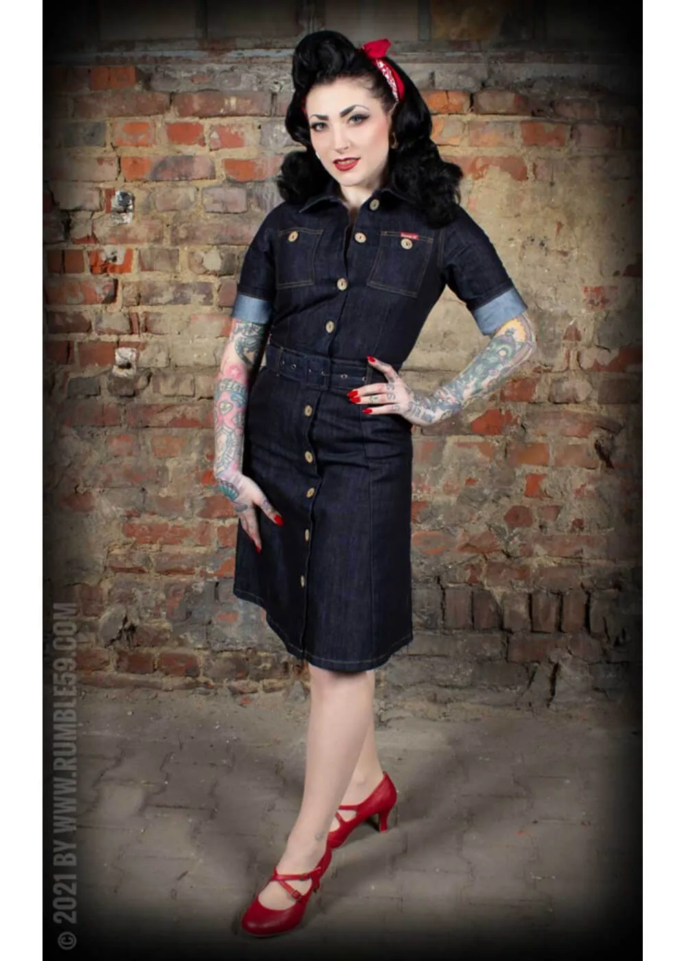 Rumble59 Rockabilly Denim A-Line Dress Navy