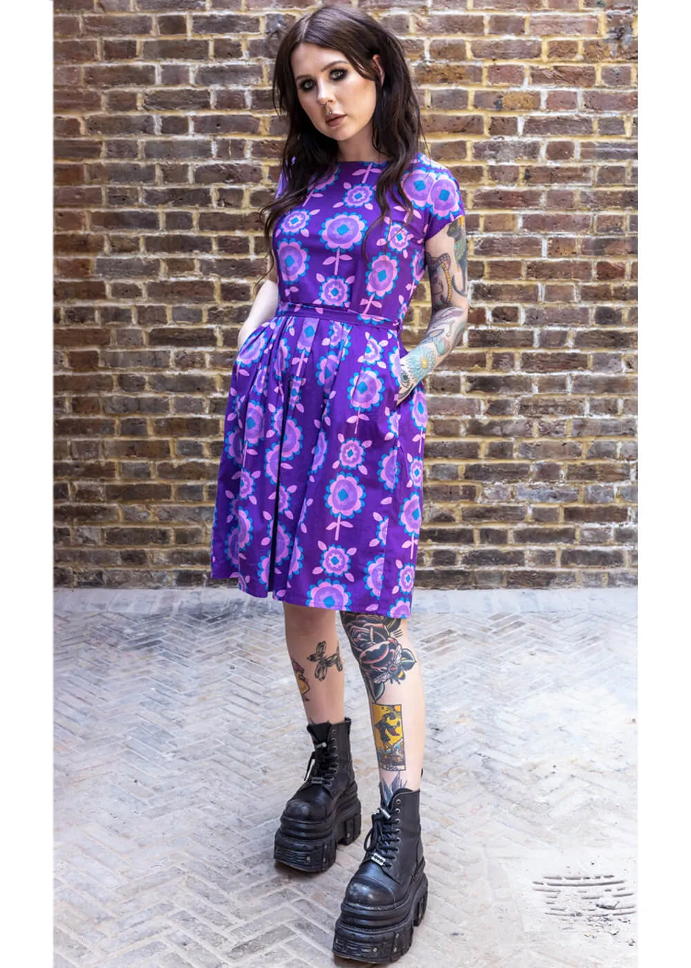 Run & Fly Retro Floral 70's A-Line Dress Purple