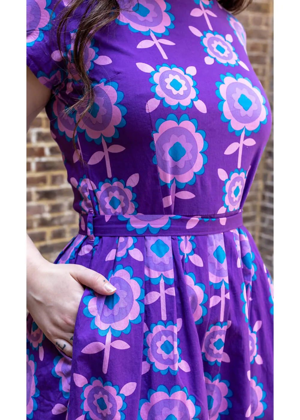 Run & Fly Retro Floral 70's A-Line Dress Purple