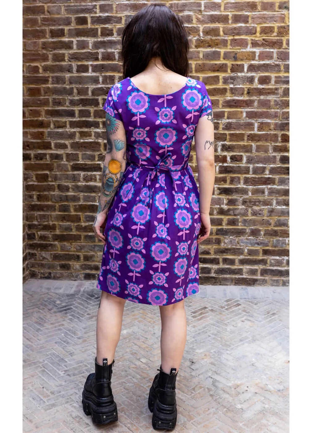 Run & Fly Retro Floral 70's A-Line Dress Purple