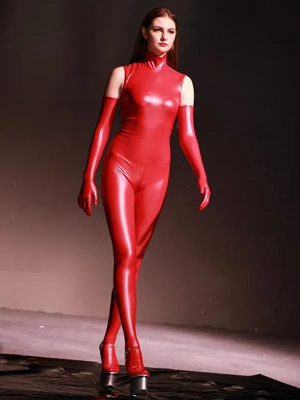 Sexy Latex Suit Women's latex Ammonia Bodysuit High Collar Performance Jumpsuits