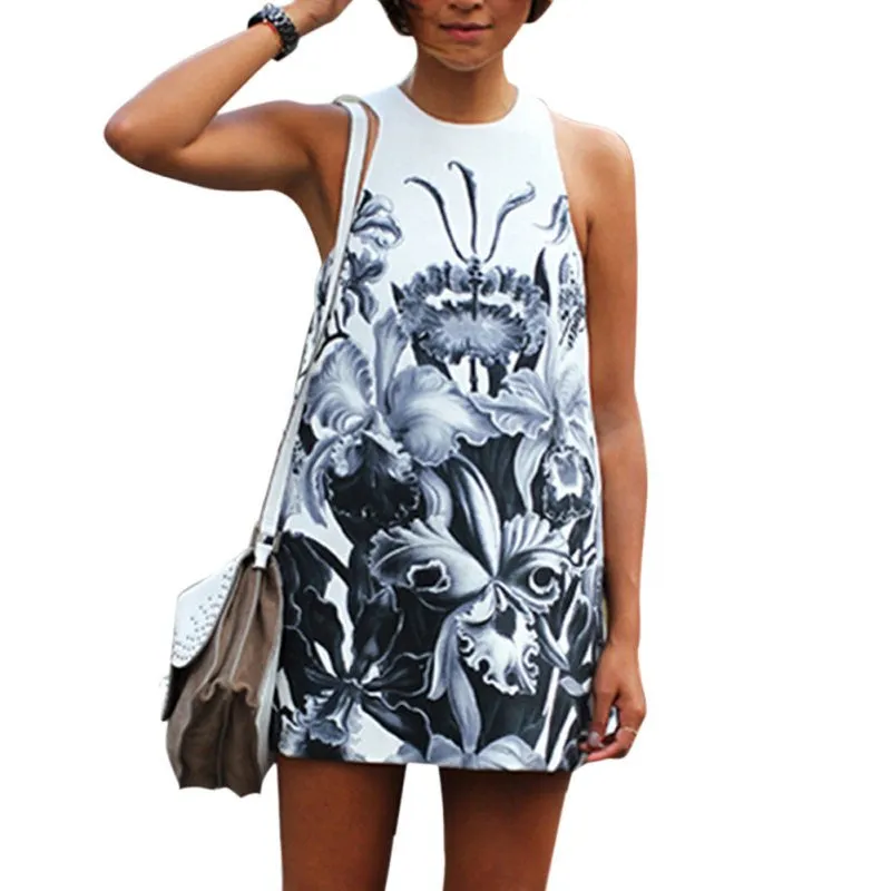 Sexy Women's Floral Print Mini Dress A-Line Crew Neck Casual Sleeveless SundressSM6