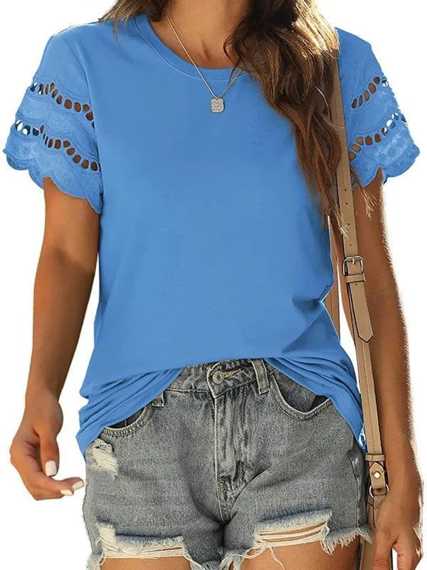 Short Sleeve Solid Lace Knit Women Top