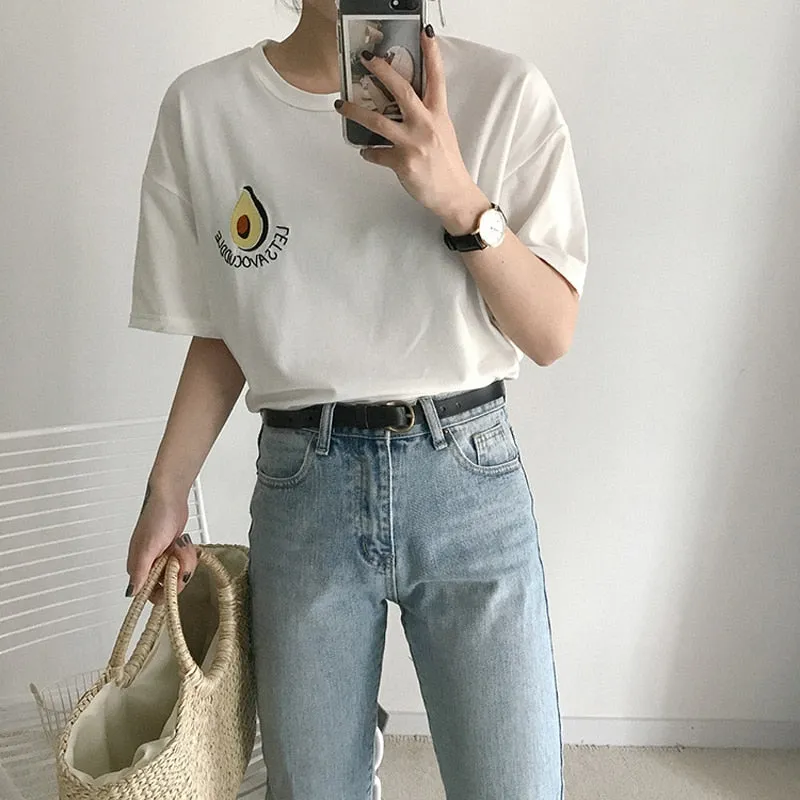 Summer Style Cute Avocado Embroidery Short Sleeve T-shirt for Women