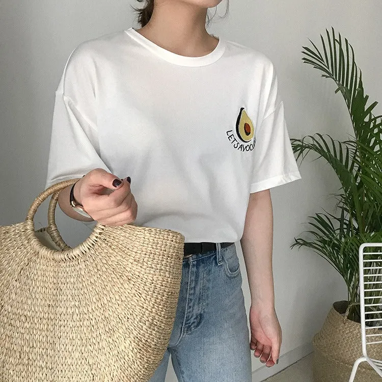 Summer Style Cute Avocado Embroidery Short Sleeve T-shirt for Women