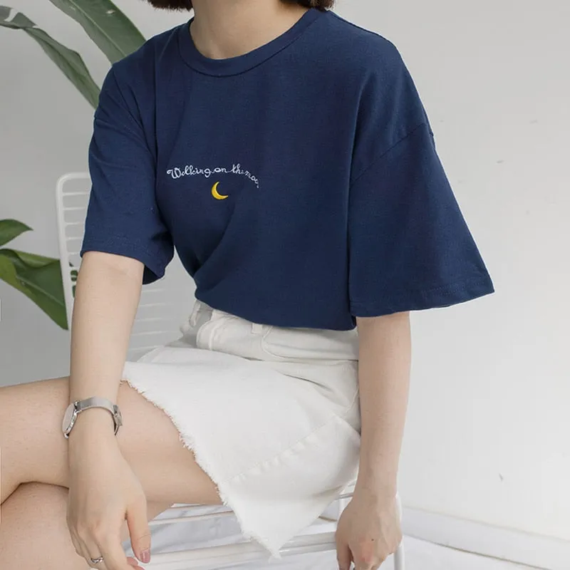 Summer Style Cute Avocado Embroidery Short Sleeve T-shirt for Women