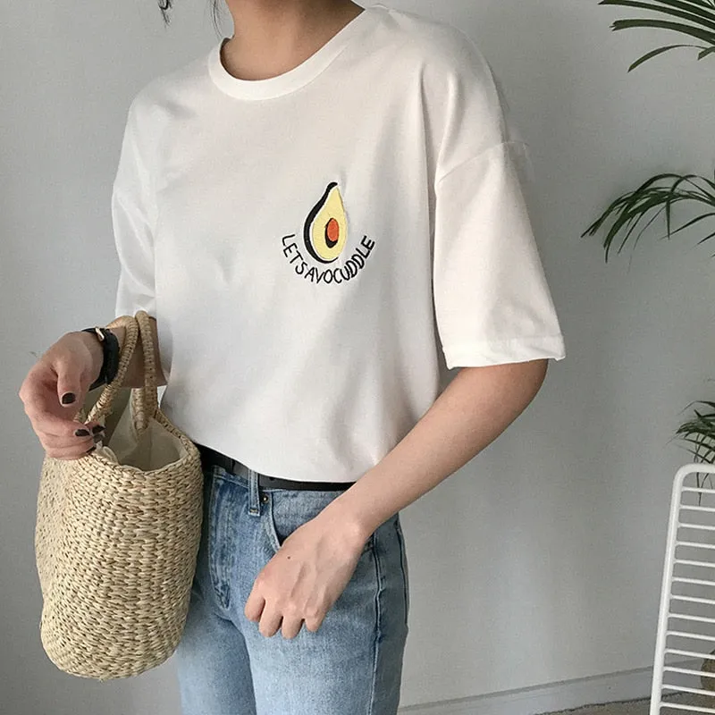 Summer Style Cute Avocado Embroidery Short Sleeve T-shirt for Women