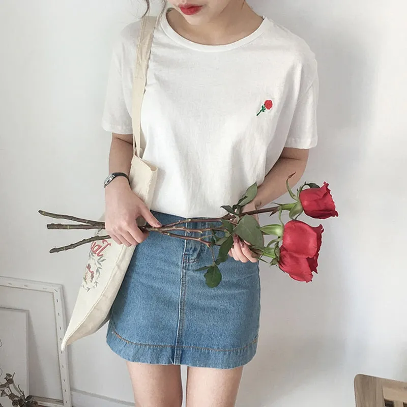 Summer Style Cute Avocado Embroidery Short Sleeve T-shirt for Women