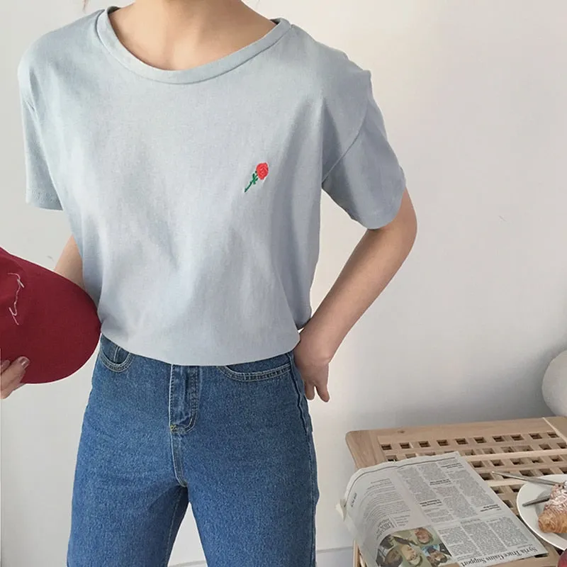 Summer Style Cute Avocado Embroidery Short Sleeve T-shirt for Women