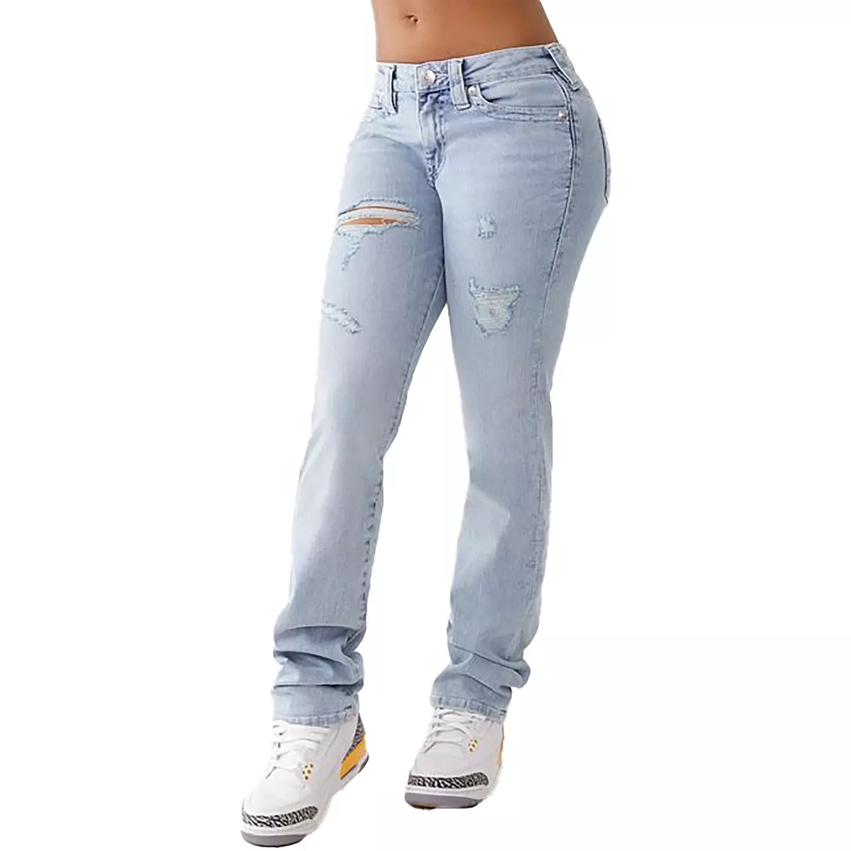 True Religion Womens Billie Mid-Rise Destroyed Straight Leg Jeans