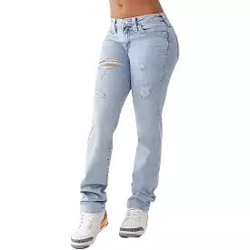 True Religion Womens Billie Mid-Rise Destroyed Straight Leg Jeans