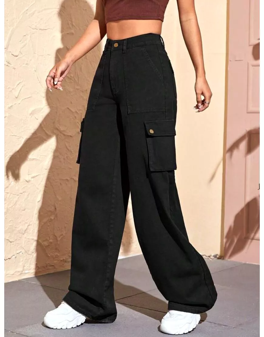 Wide Leg Flap Pocket Cargo Jeans Black