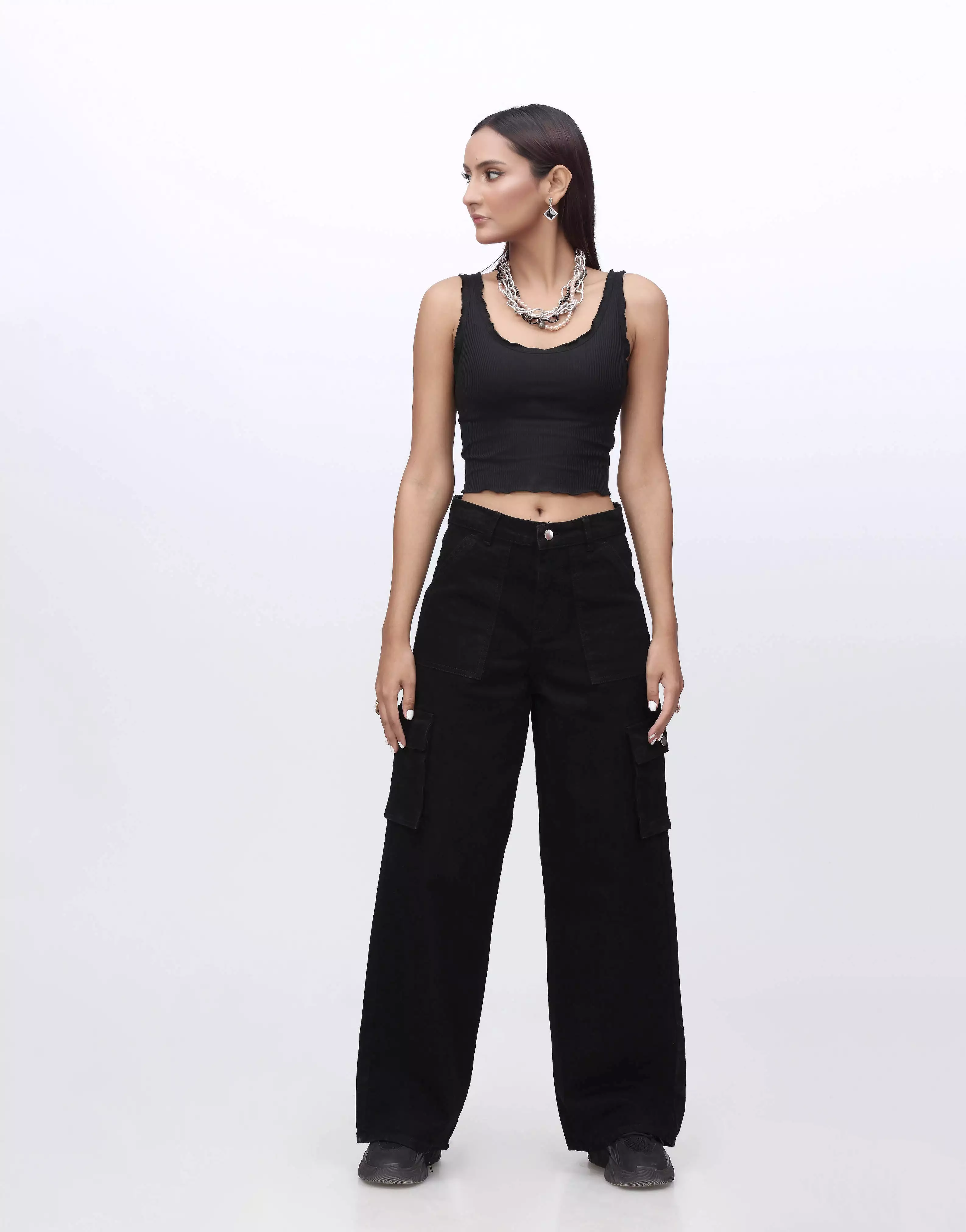 Wide Leg Flap Pocket Cargo Jeans Black