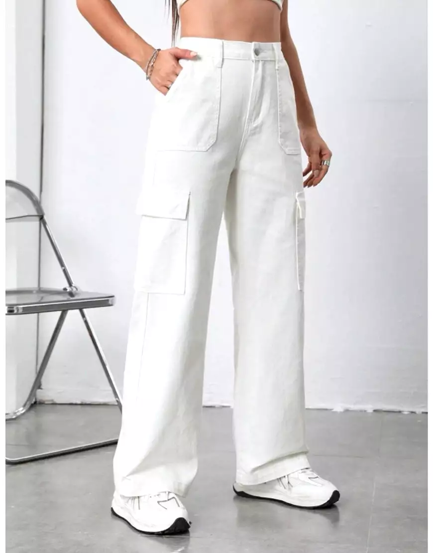 Wide Leg Flap Pocket Cargo White