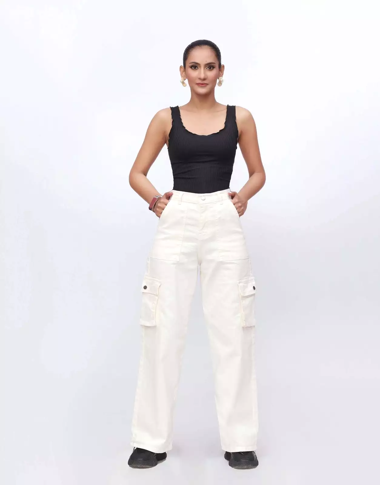 Wide Leg Flap Pocket Cargo White