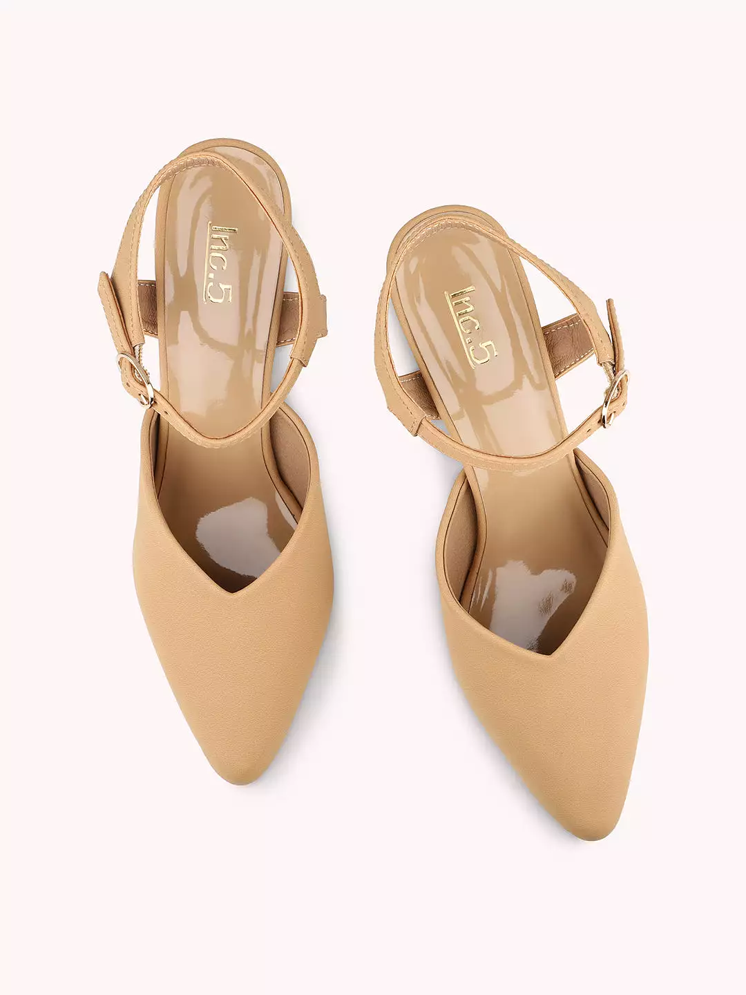 Women Beige Pointed Toe Block Mules With Buckle Closure