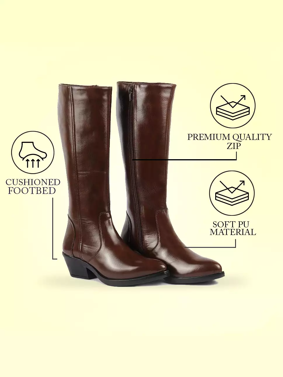 Women Brown Knee Length Side Zipper Closure Pointed Toe Flared Heel Boots