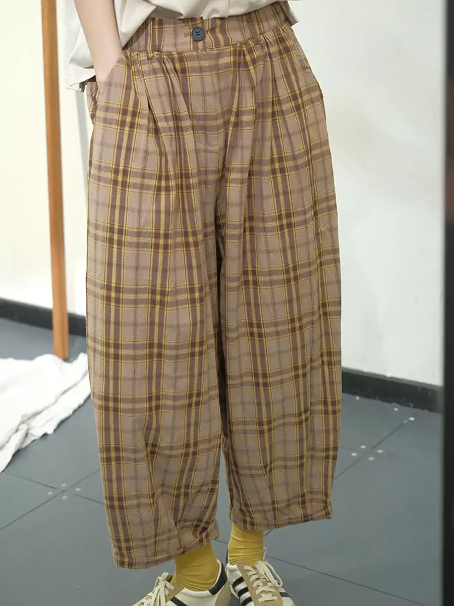 Women Casual Plaid Summer Cotton Loose Harem Pants KL1049