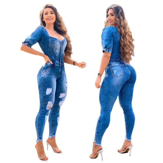 Women Denim Jumpsuits Ripped Single Breasted Pencil Jumpsuit Fashion Women's Overalls Casual Streetwear Summer Outfits