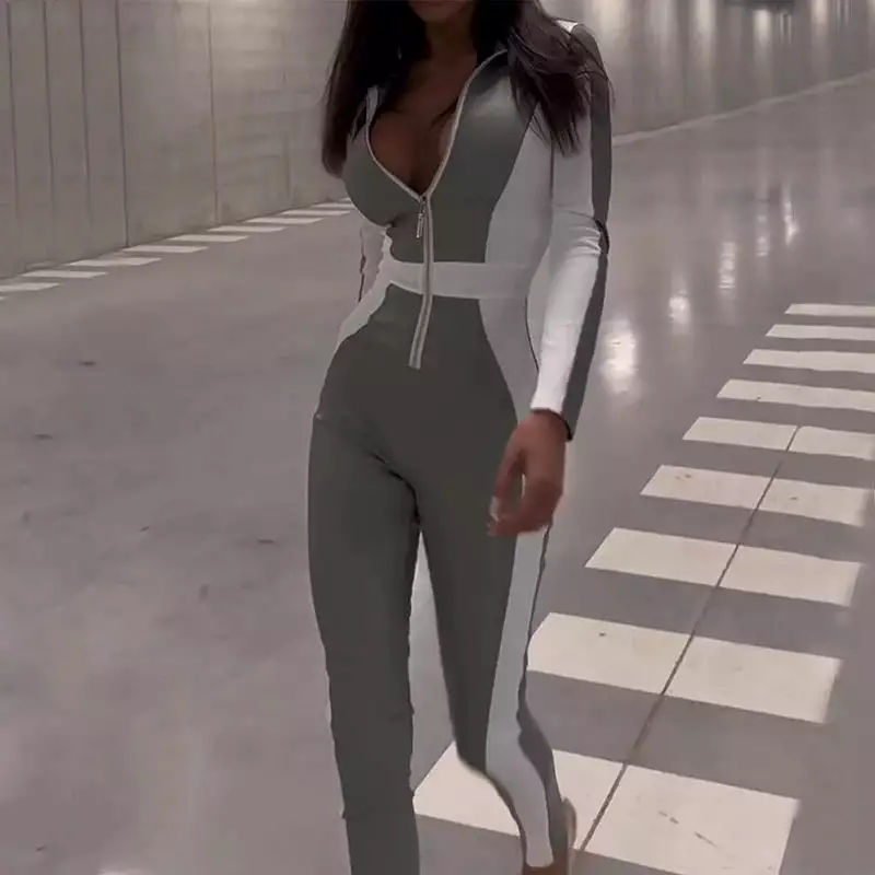 Women Jumpsuit  Long Sleeve Color Block Zipper Romper Casual Bodycon Tracksuit High Streetwear